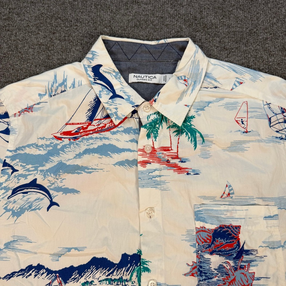 Nautica Mens Classic Fit Sailboat Dolphin Palm Tree Print Shirt Large #4179
